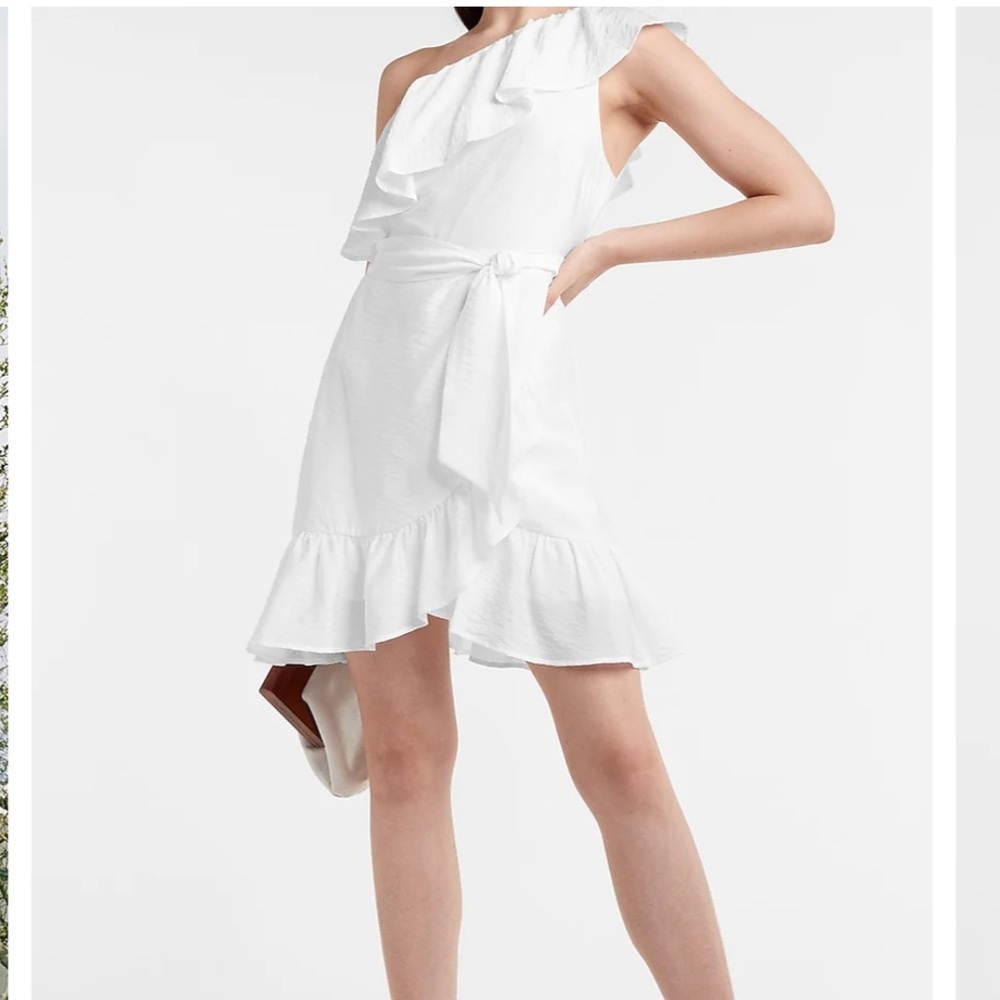 Express Belted One-Shoulder Ruffled White Dress Size S